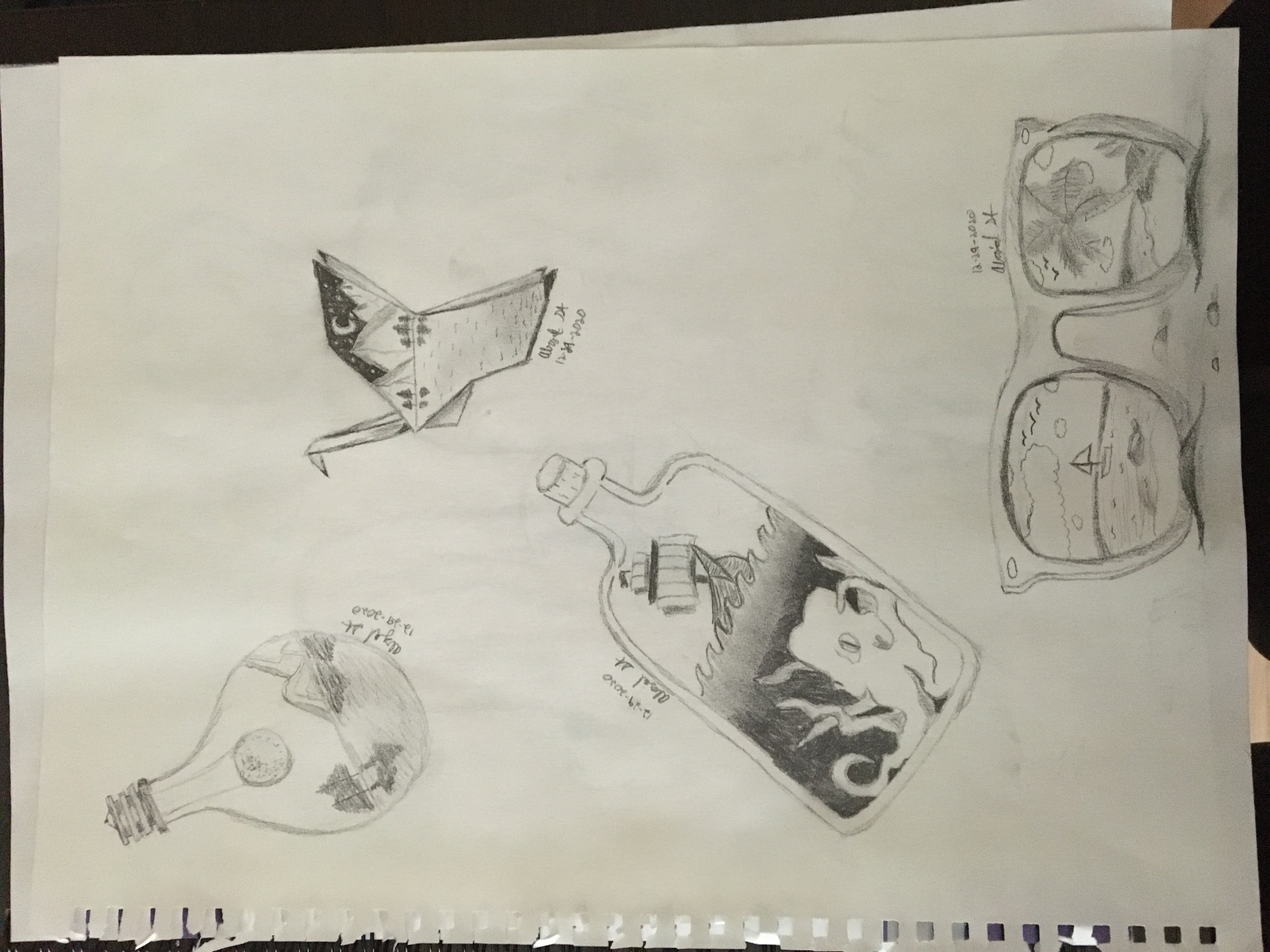 Four pencil drawings on a piece of paper of nature scenes
